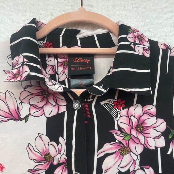 Disney Her Universe Shirt Womens Small Pink Black Mulan Floral Hot Topic Button - Picture 4 of 8